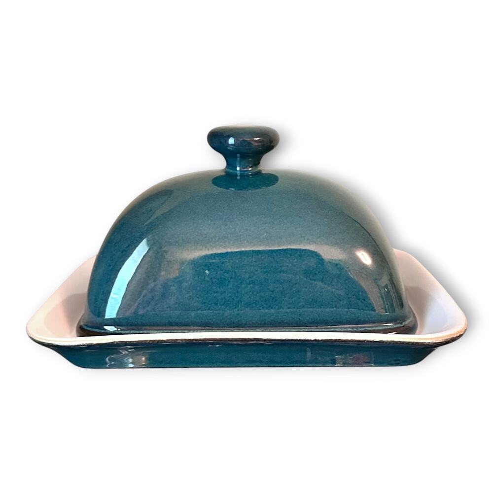 Denby England Handcrafted Greenwich Butter Dish Teal Green & White HTF